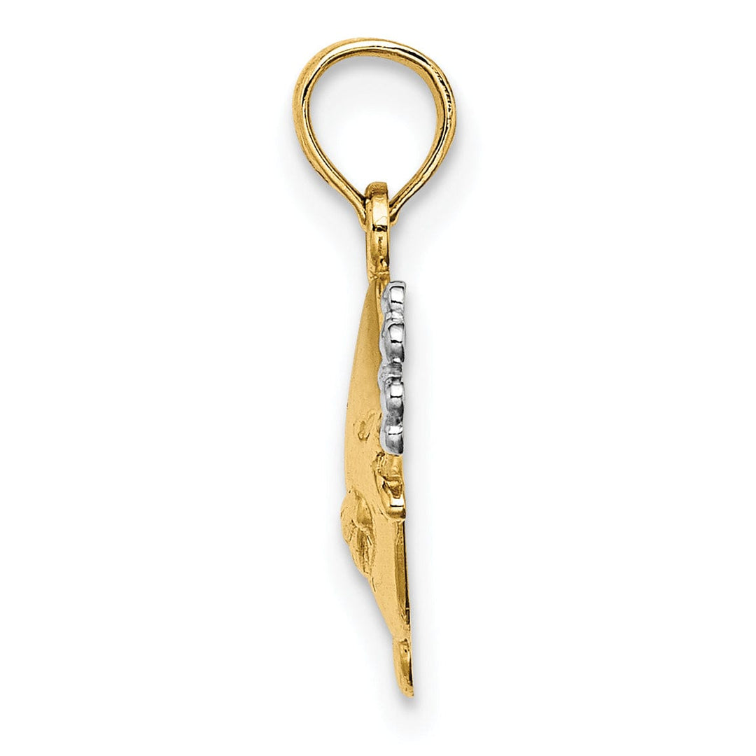 14k Yellow Gold White Rhodium Polished Finish 2-Dimensional Fish Blowing Bubbles Design Charm Pendant
