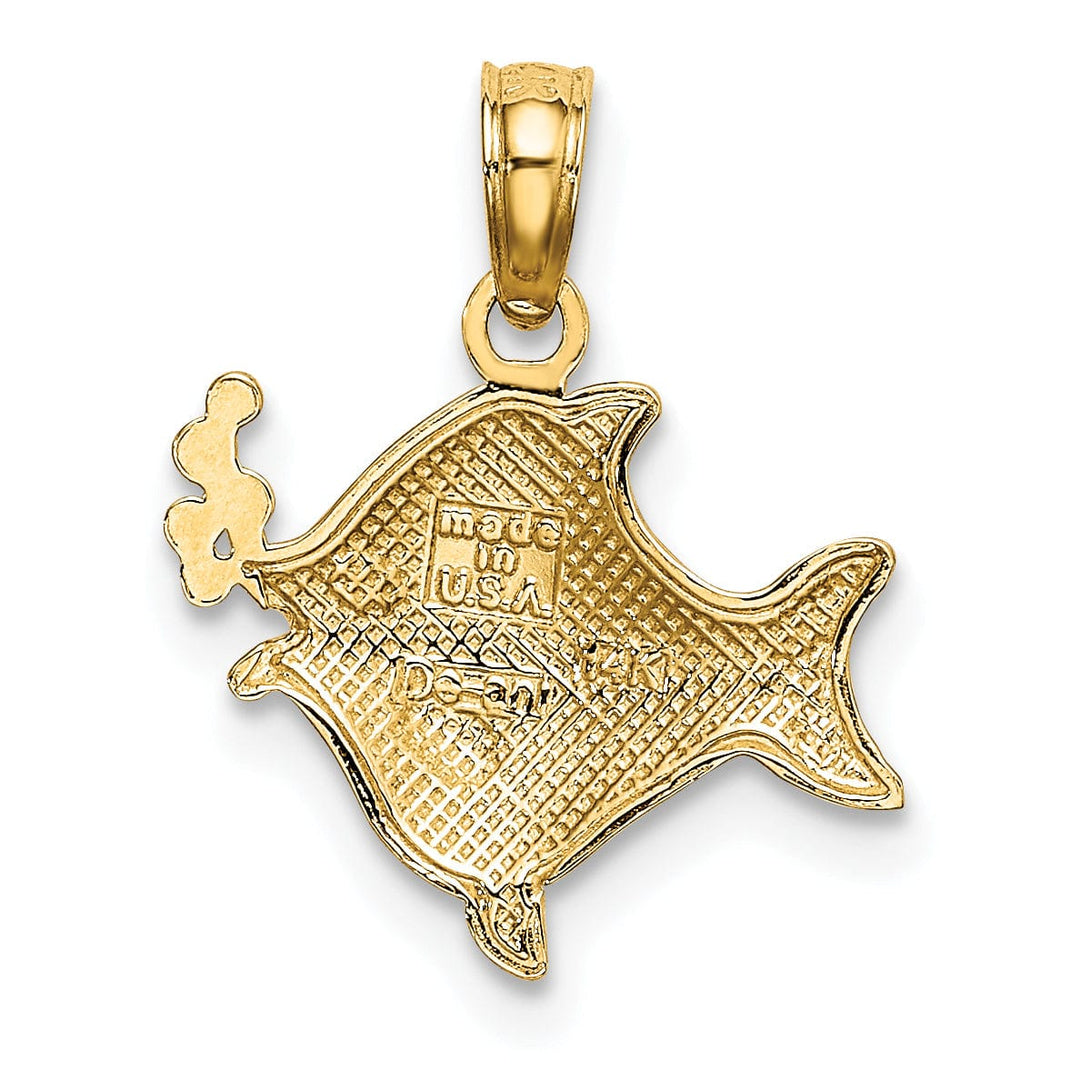 14k Yellow Gold White Rhodium Polished Finish 2-Dimensional Fish Blowing Bubbles Design Charm Pendant