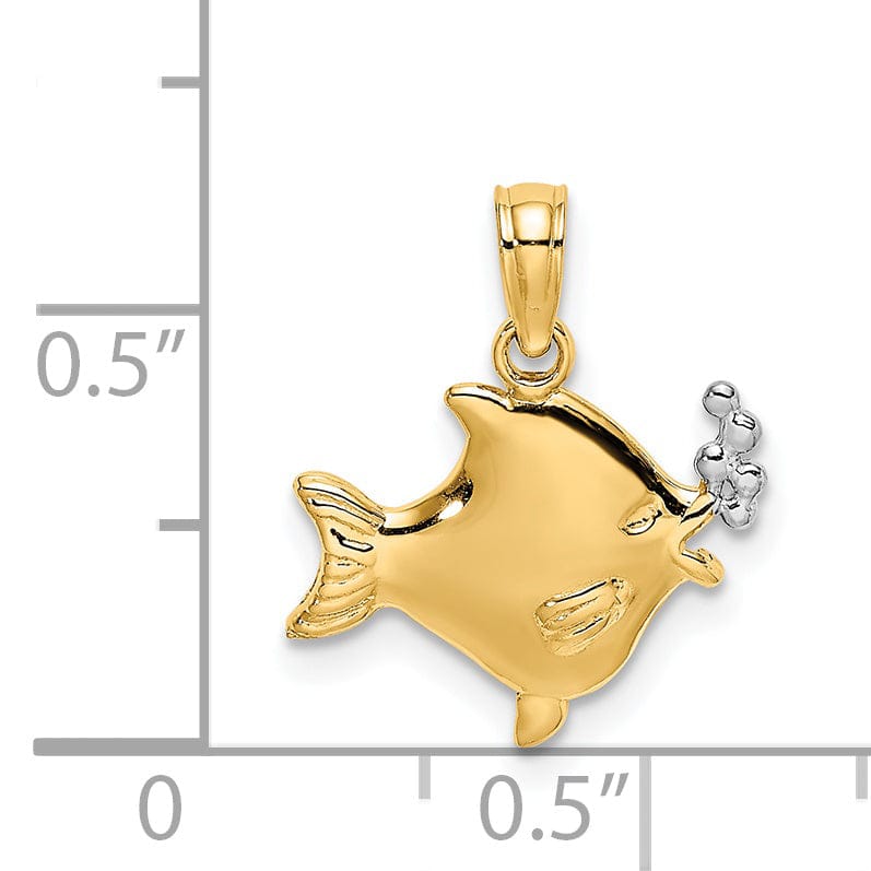 14k Yellow Gold White Rhodium Polished Finish 2-Dimensional Fish Blowing Bubbles Design Charm Pendant