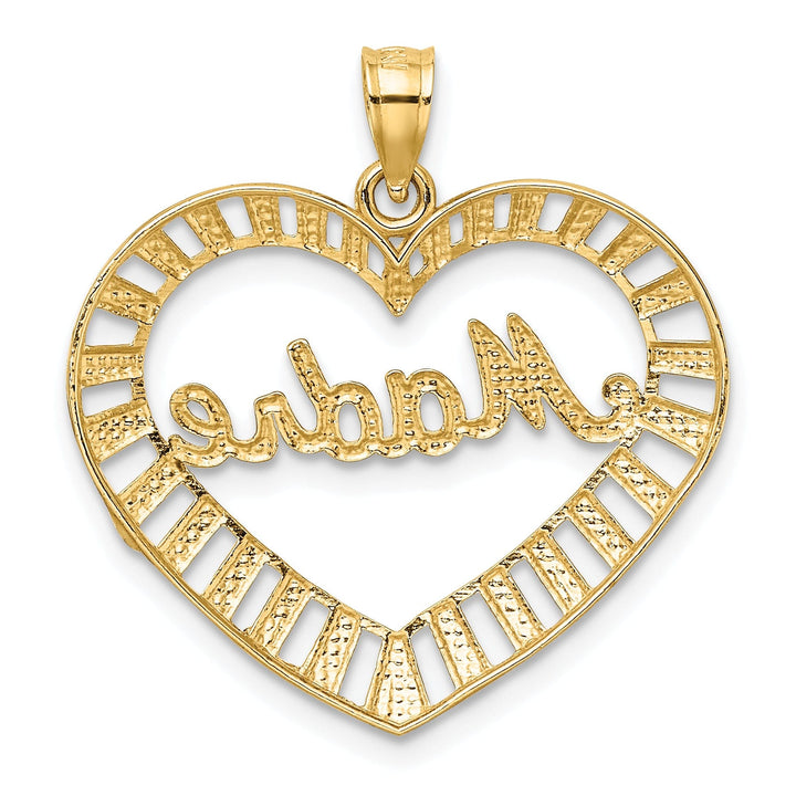 14k Yellow Gold, White Rhodium Textured Diamond Cut Polished Finish MADRE in Heart Design Charm Pendant
