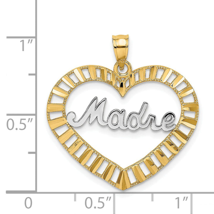 14k Yellow Gold, White Rhodium Textured Diamond Cut Polished Finish MADRE in Heart Design Charm Pendant