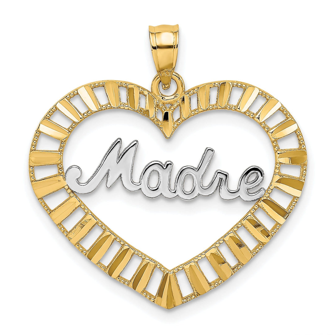 14k Yellow Gold, White Rhodium Textured Diamond Cut Polished Finish MADRE in Heart Design Charm Pendant