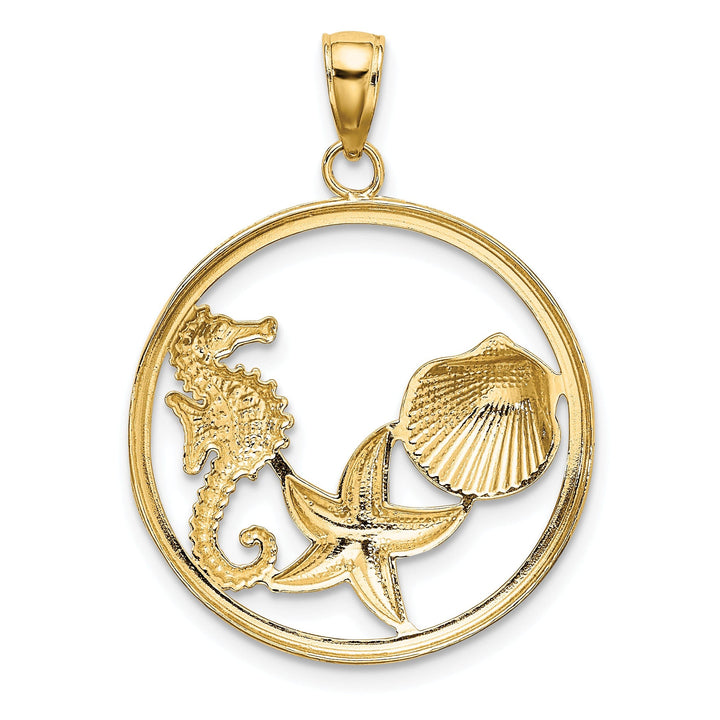 14k Yellow Gold White Rhodium Polished Textured Finish Scallop, Starfish, Seahorse Circle Design Charm Pendant