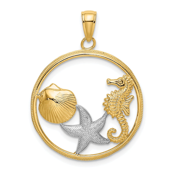 14k Yellow Gold White Rhodium Polished Textured Finish Scallop, Starfish, Seahorse Circle Design Charm Pendant