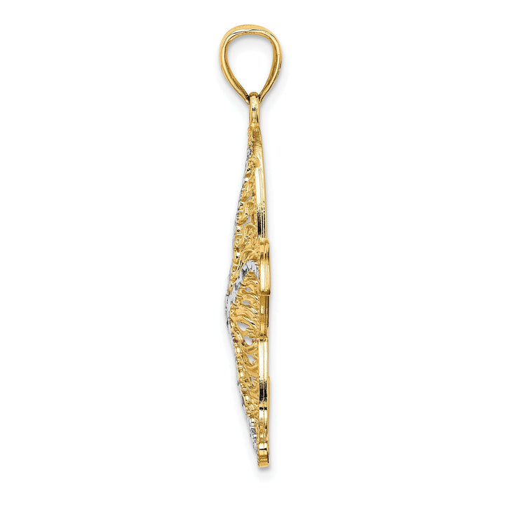 14K Yellow Gold White Rhodium Texture Polished Finish Starfish Filigree Design Charm Pendant