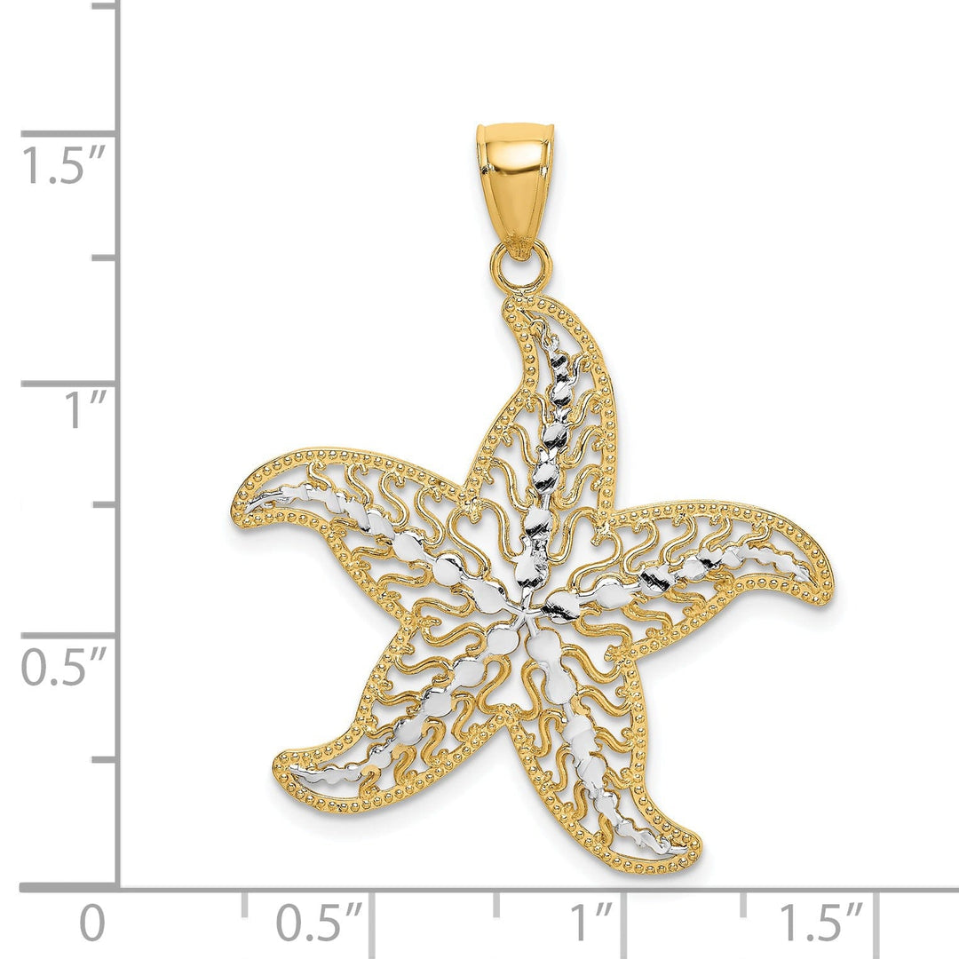 14K Yellow Gold White Rhodium Texture Polished Finish Starfish Filigree Design Charm Pendant