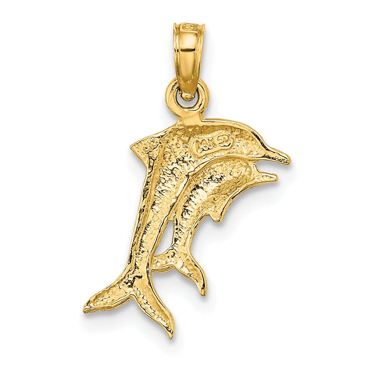 14K Yellow Gold with Rhodium 2-Dimensional Polished Finish 2-Dolphins Swimming Charm Pendant