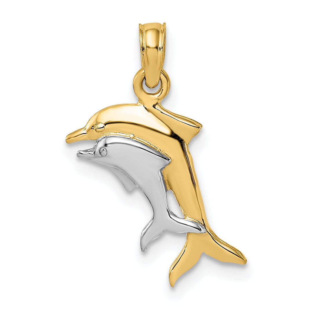 14K Yellow Gold with Rhodium 2-Dimensional Polished Finish 2-Dolphins Swimming Charm Pendant