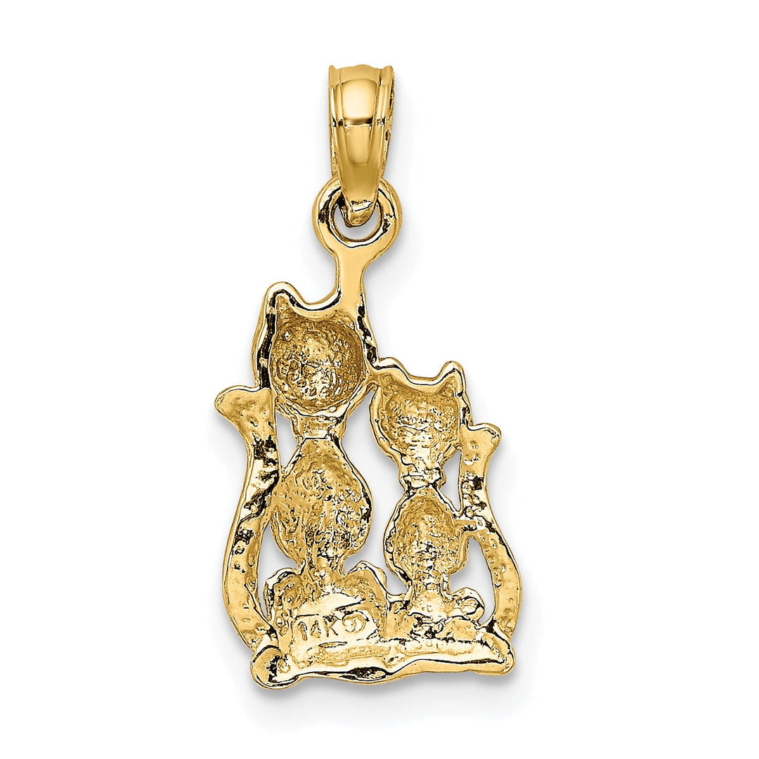 14k Yellow Gold White Rhodium Polished Finish Two Cats Sitting Charm Pendant