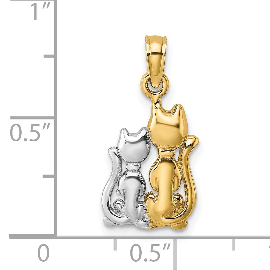 14k Yellow Gold White Rhodium Polished Finish Two Cats Sitting Charm Pendant