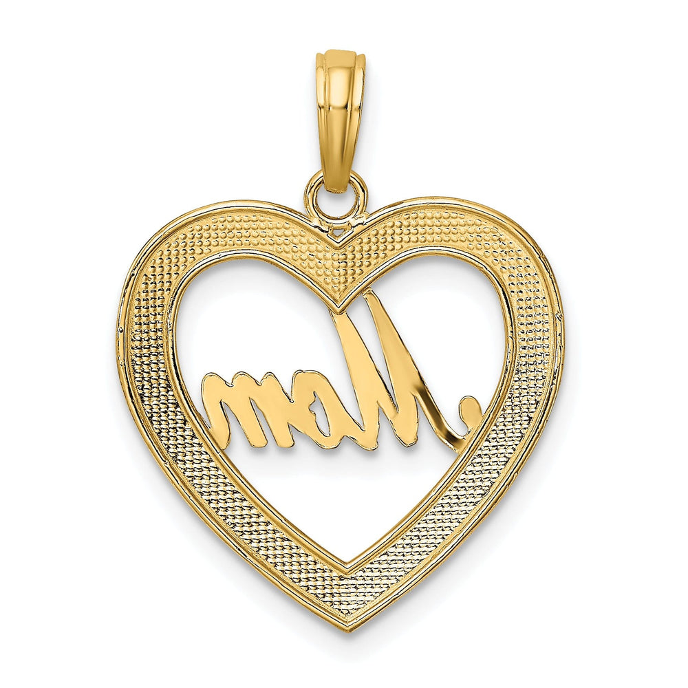 14k Yellow Gold, White Rhodium Diamond Cut Polished Finish Heart Shape Design MOM Charm Pendant