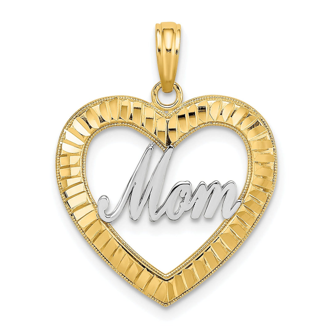 14k Yellow Gold, White Rhodium Diamond Cut Polished Finish Heart Shape Design MOM Charm Pendant