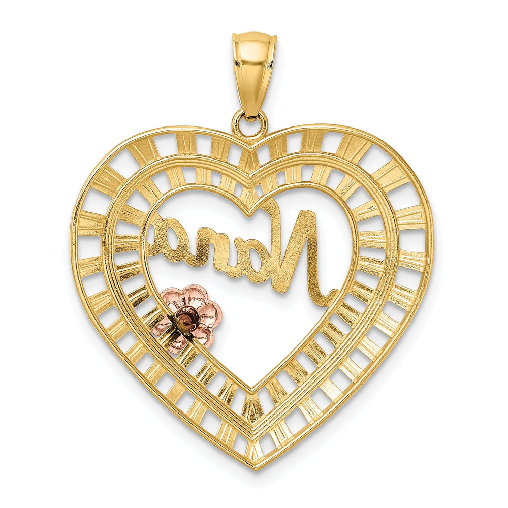 14k Two Tone Gold, White Rhodium Diamond Cut Polished Finish NANA Heart Shape with Flower Charm Pendant