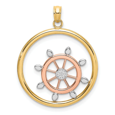 14K Two Tone Gold White Rhodium Polished Finish Ship Wheel In Circle Charm