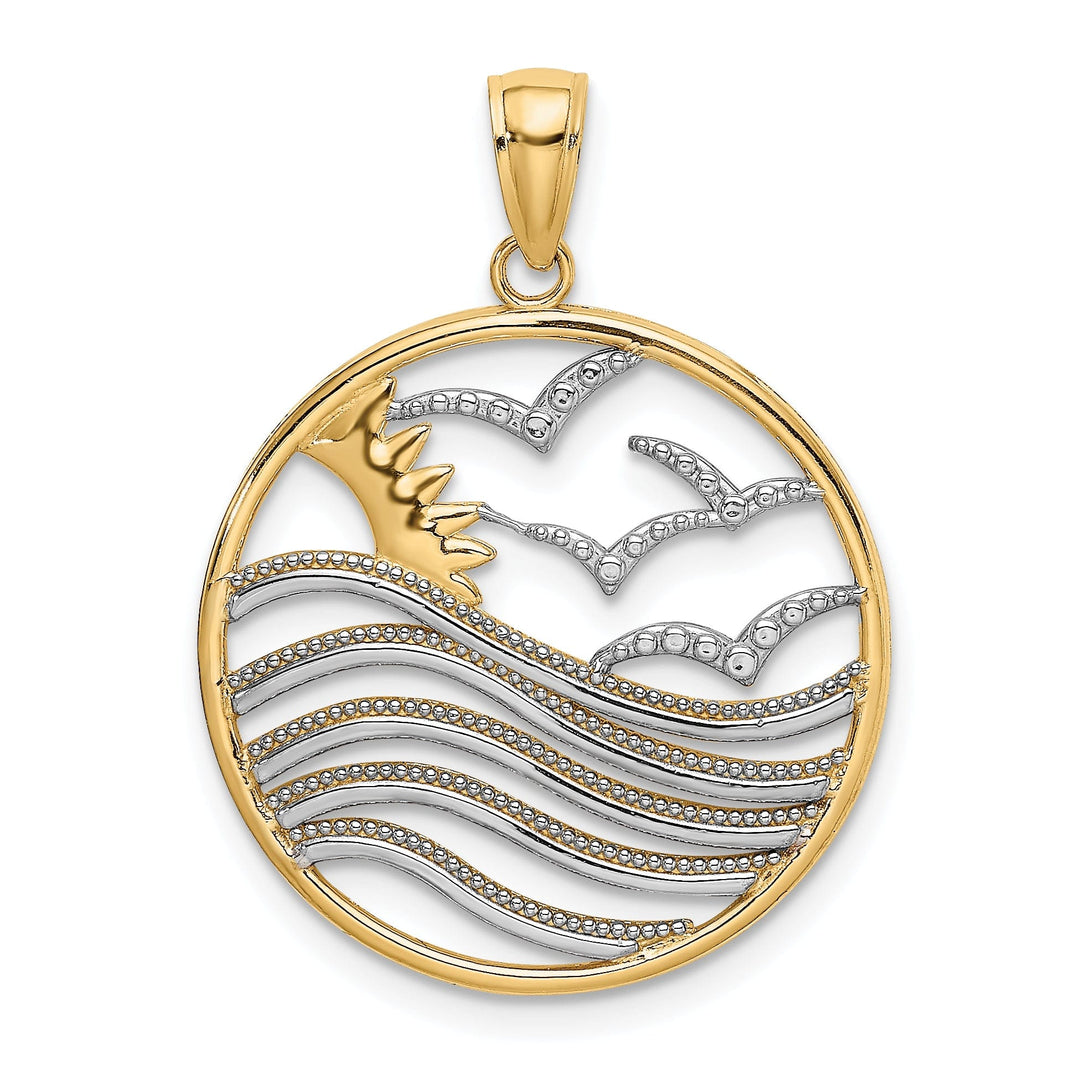 14k Yellow Gold, White Rhodium Polished Finish Sunset and Seagulls In Circle Design Charm Pendant