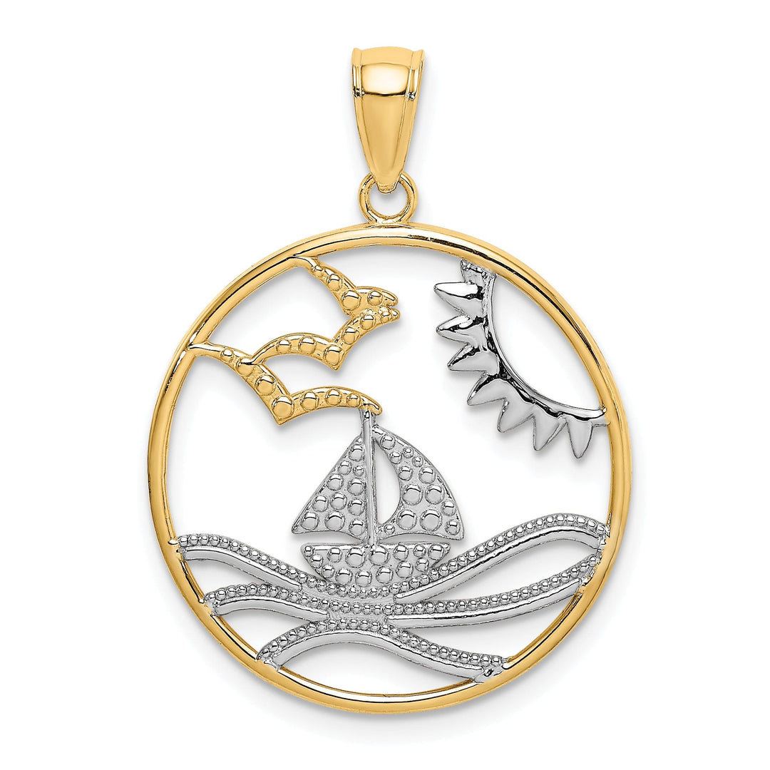 14k Yellow Gold, White Rhodium Polished Finish with Sun Sailboat Water and Seagulls Circle Design Charm Pendant