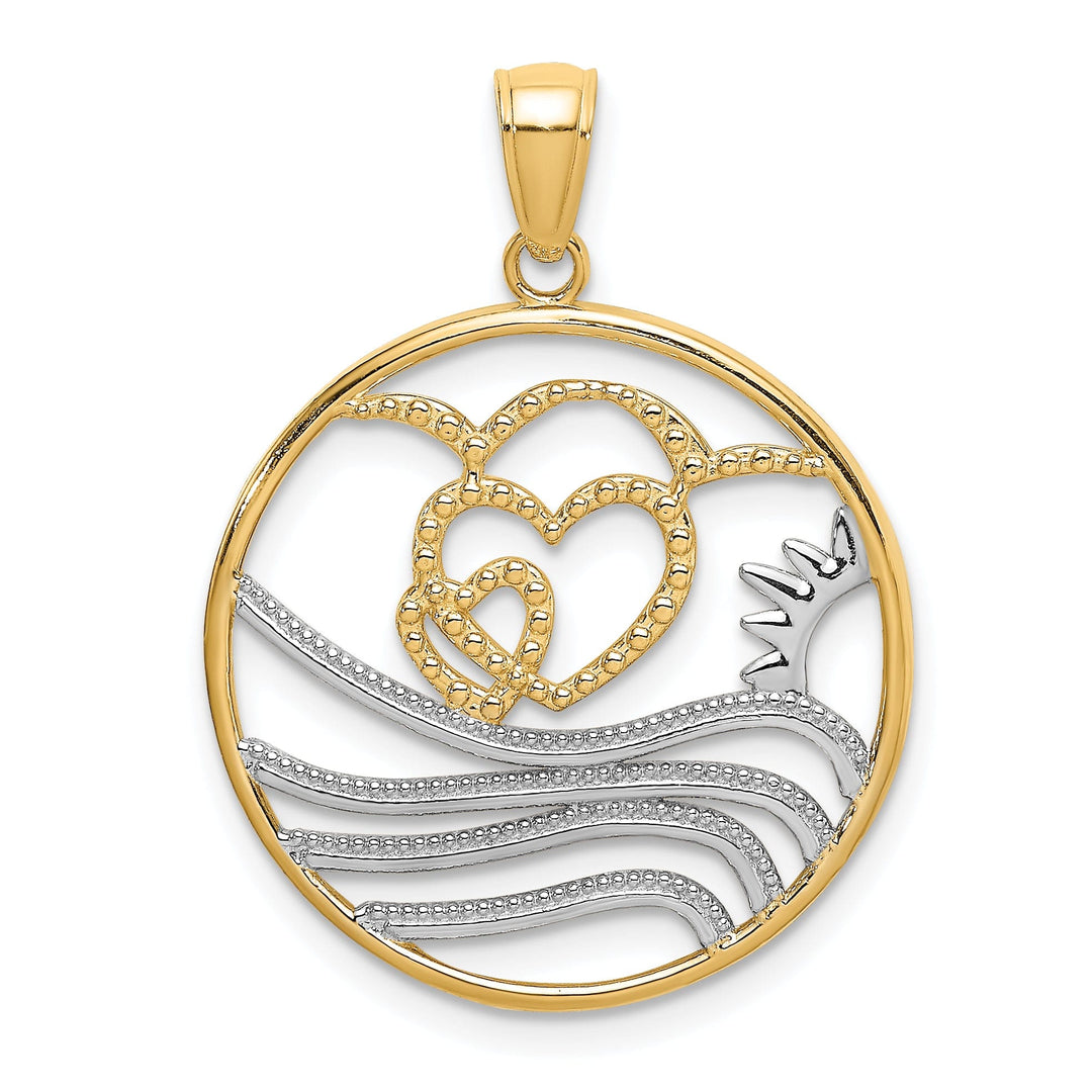 14k Yellow Gold, White Rhodium Polished Finish Sun, Hearts ,Water in Circle Design Charm Pendant