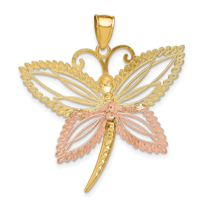 14k Two-Tone Gold White Rhodium Diamond Cut Solid Polished Finish Dragonfly With Beaded Wings Design Charm Pendant