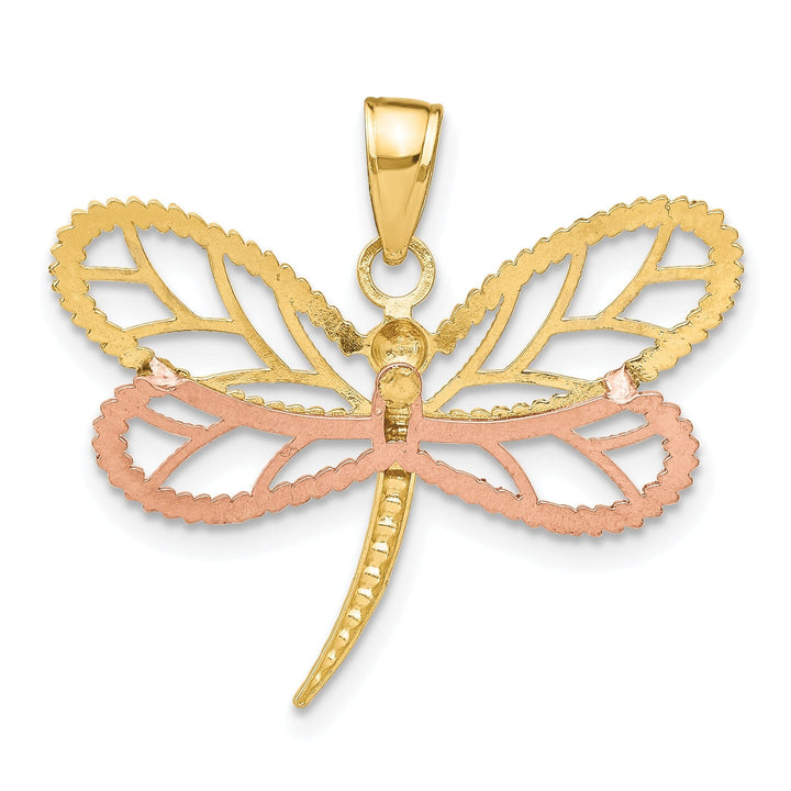 14k Two-Tone Gold White Rhodium Diamond Cut Polished Finish Dragonfly With Beaded Wings Design Charm Pendant