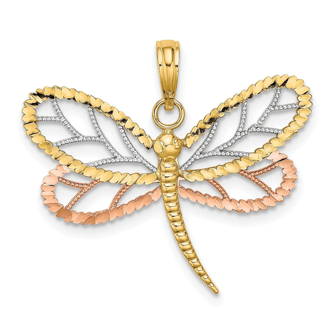 14k Two-Tone Gold White Rhodium Diamond Cut Polished Finish Dragonfly With Beaded Wings Design Charm Pendant