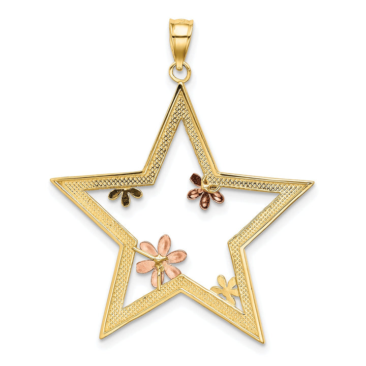 14k Two Tone Gold White Rose Rhodium Open Back Polished Textured Finish Star with Flowers Charm Pendant