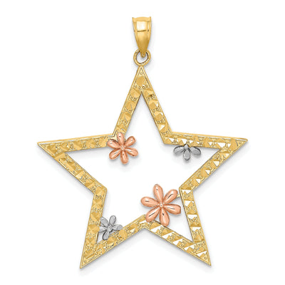 14k Two Tone Gold White Rose Rhodium Open Back Polished Textured Finish Star with Flowers Charm Pendant at $ 230.49 only from Jewelryshopping.com