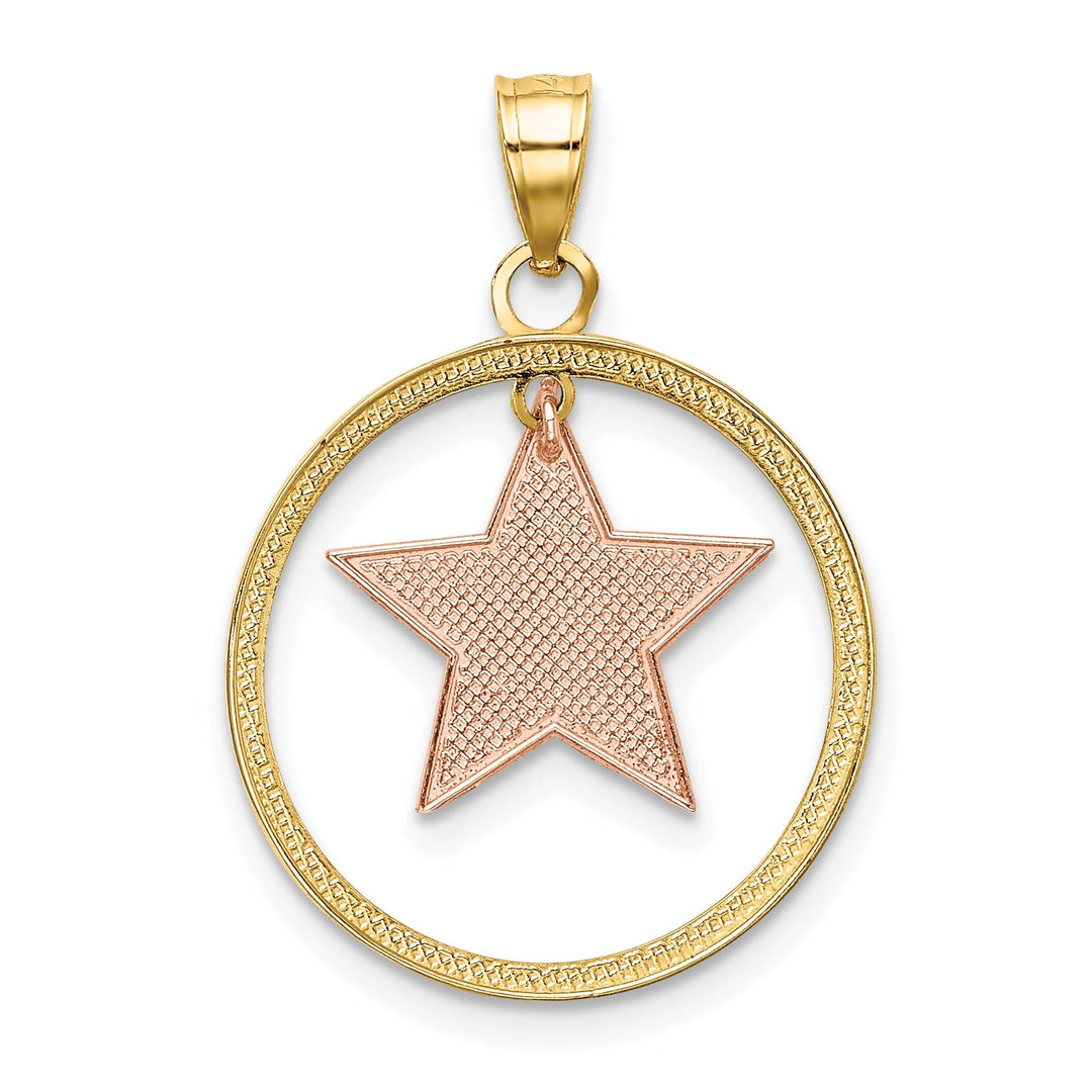 14k Two Tone Gold White Rhodium Textured Polished Finish Star in Circle Frame Design Charm