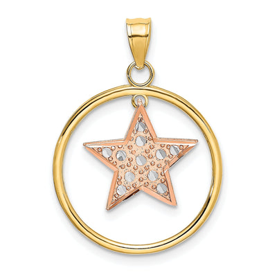 14k Two Tone Gold White Rhodium Textured Polished Finish Star in Circle Frame Design Charm