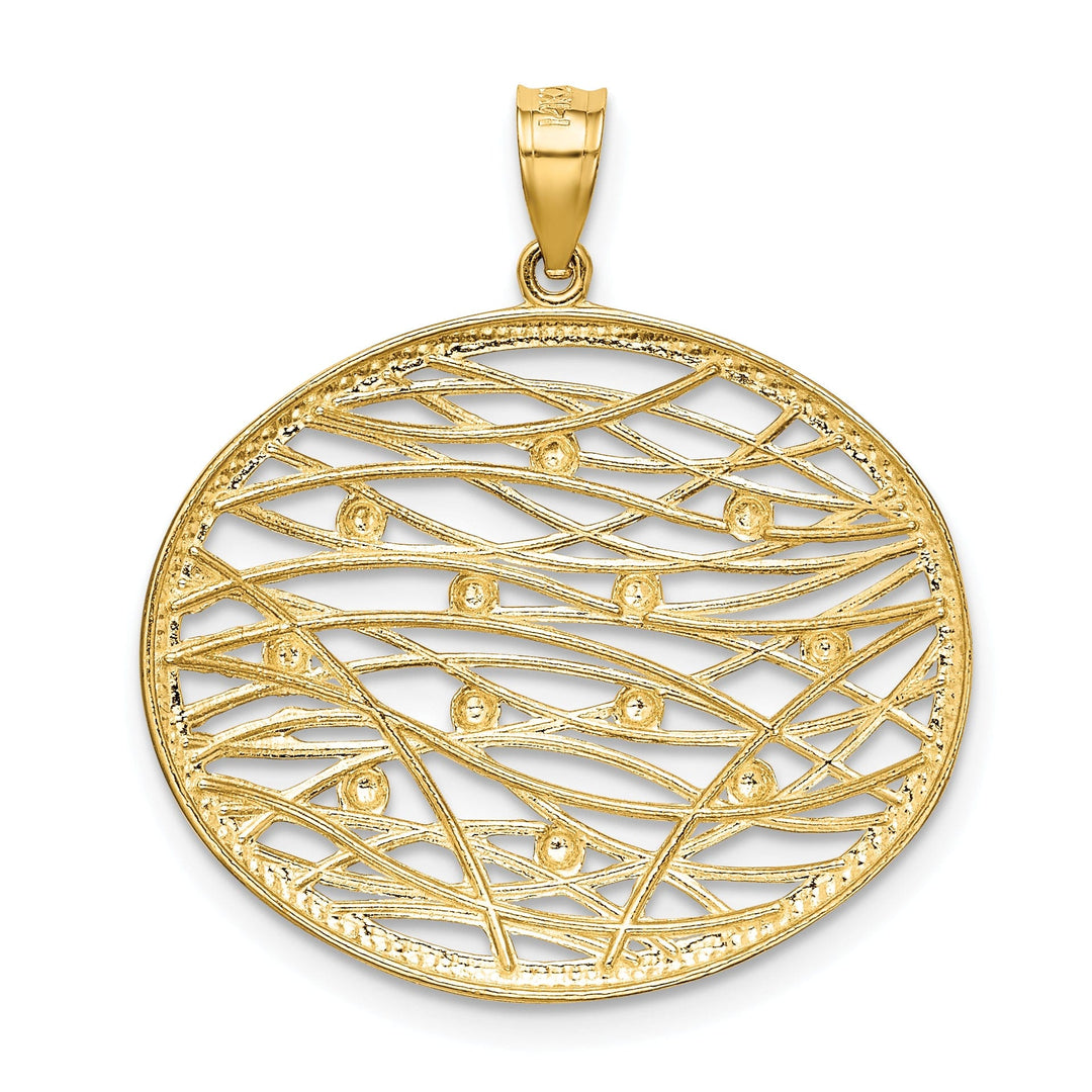 14K Yellow Gold, White Rhodium Polished Diamond Cut Finish Filigree Horizontal Shape Cut-Out Weave Design Pendant