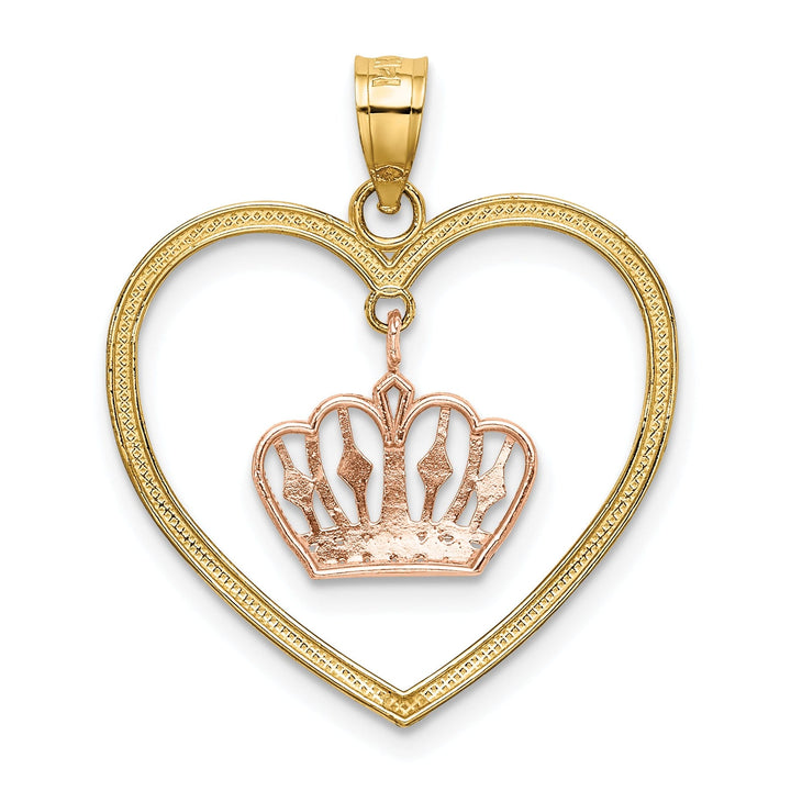 14k Yellow Gold Beaded Heart Design with Dangling Crown Charm Pendant