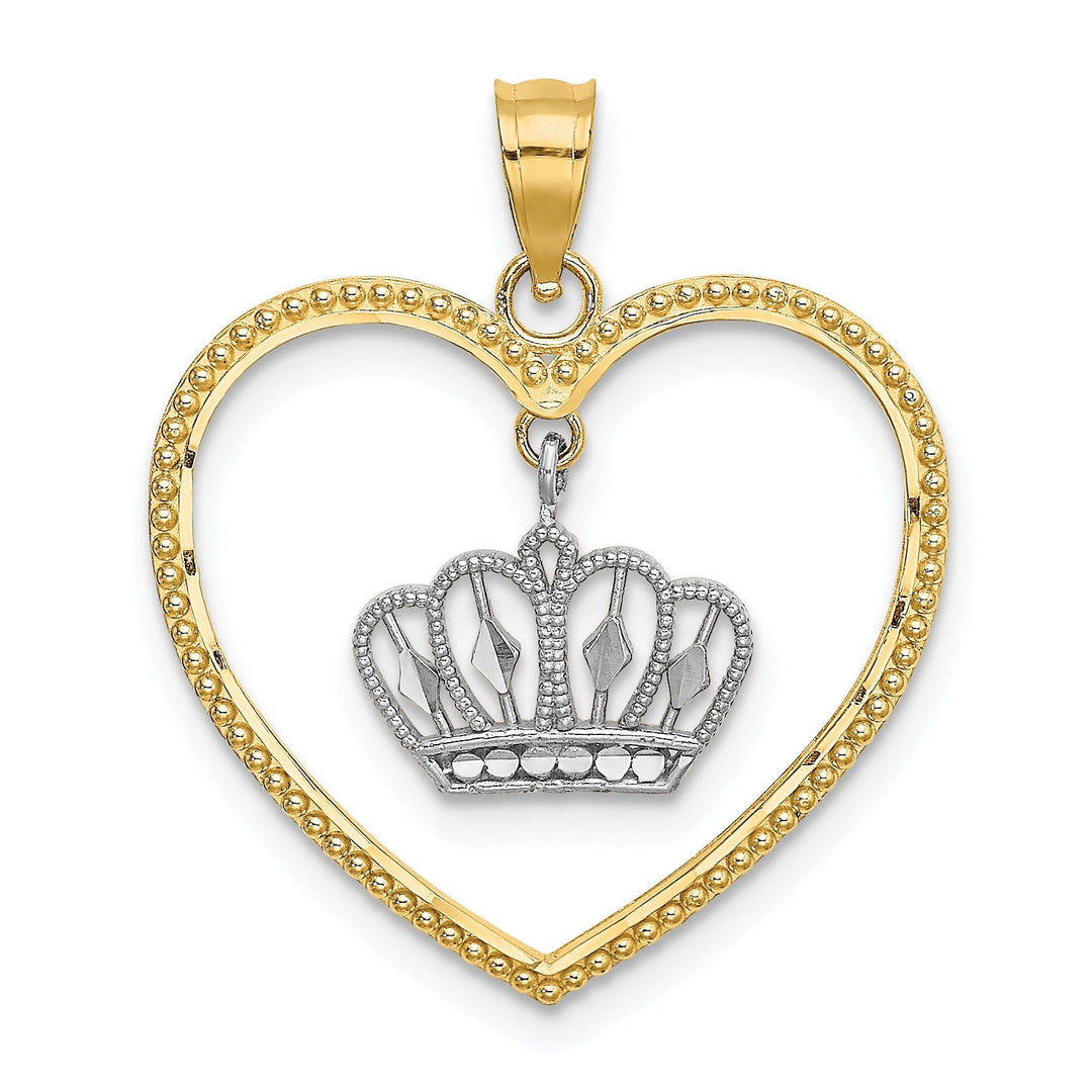 14k Yellow Gold Beaded Heart Design with Dangling Crown Charm Pendant