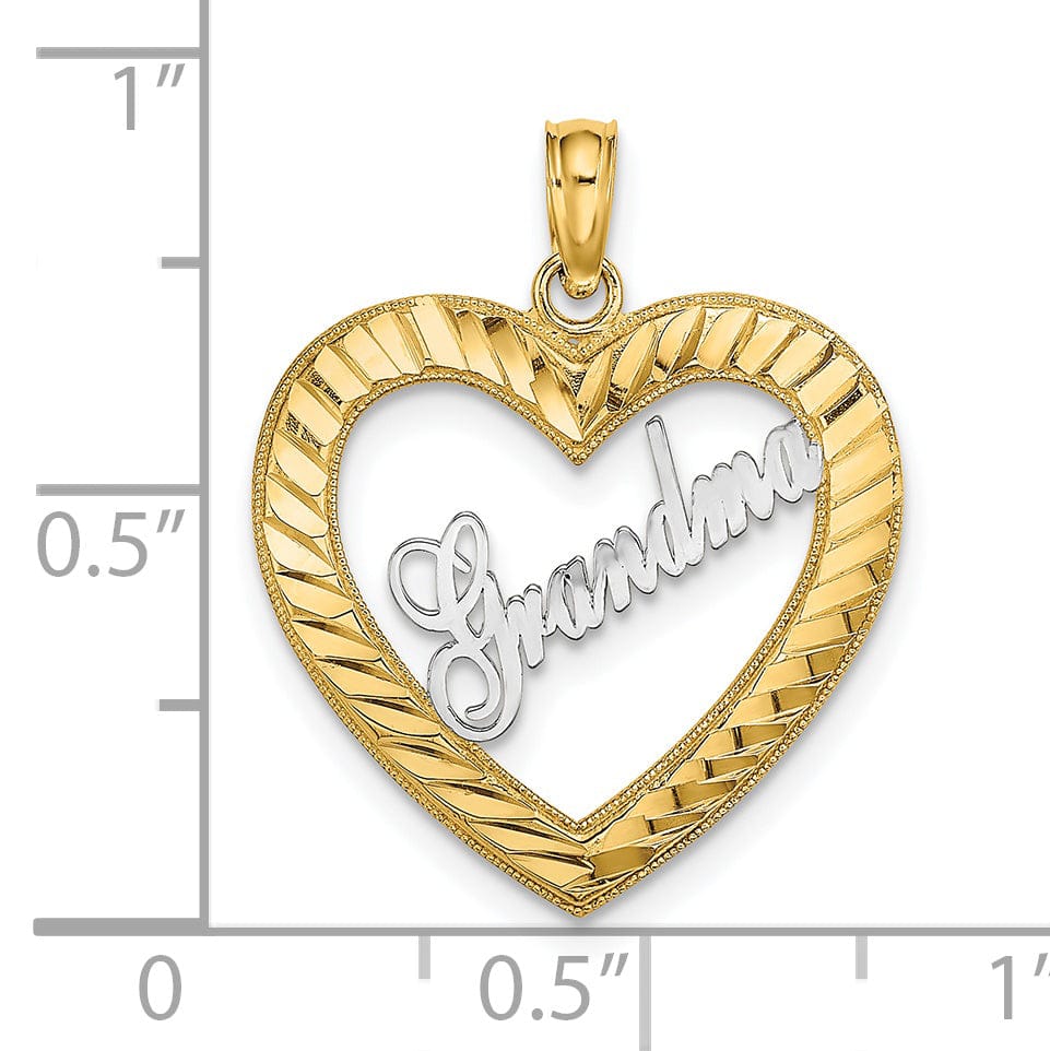 14k Yellow Gold, White RhodiumPolished Diamond Cut Finish Heart Shape Script GRANDMA Charm Pendant