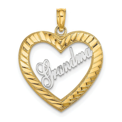 14k Yellow Gold, White RhodiumPolished Diamond Cut Finish Heart Shape Script GRANDMA Charm Pendant