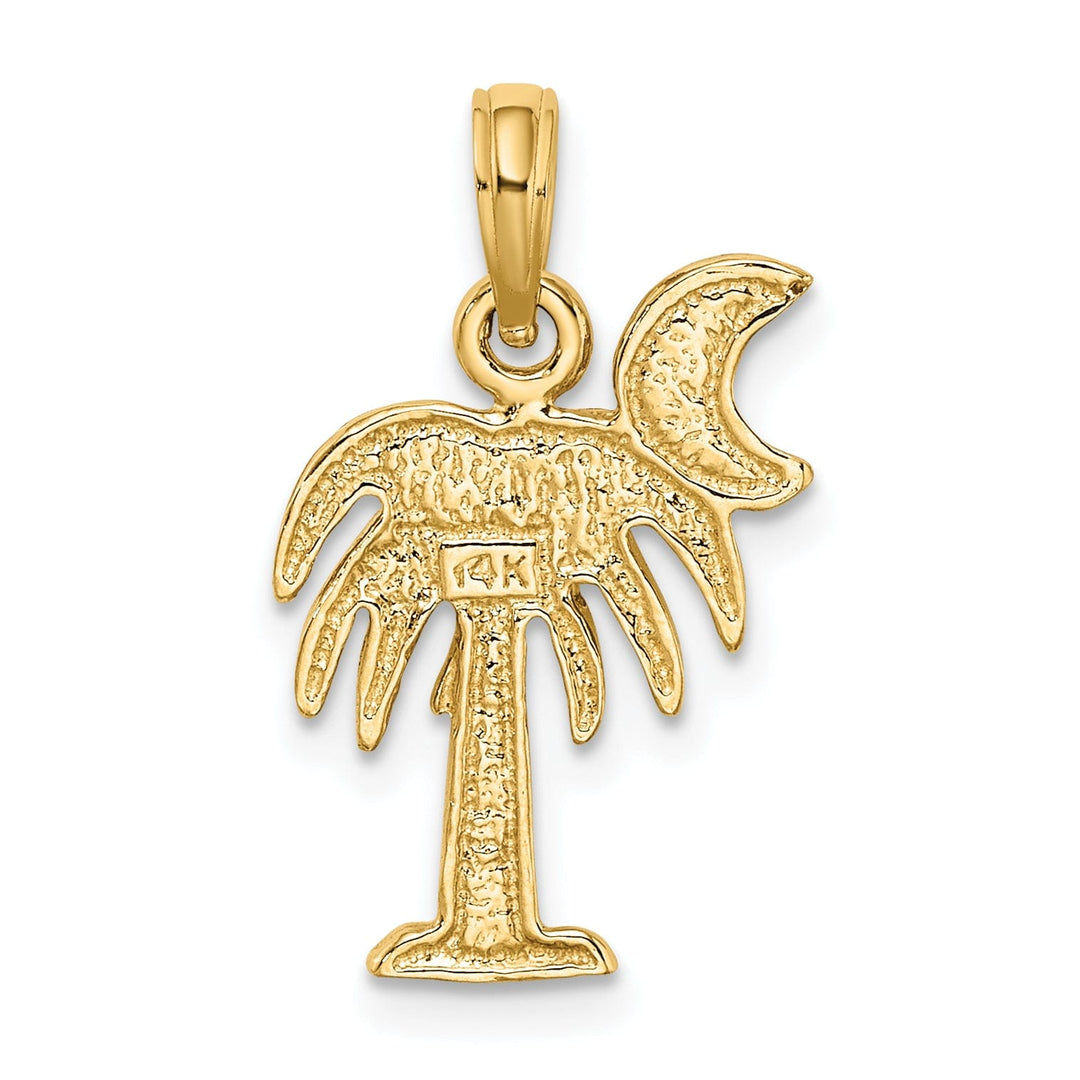 14K Yellow Gold, White Rhodium Polished Finish Concave Shape Charelston Palm Tree with Moon Charm Pendant