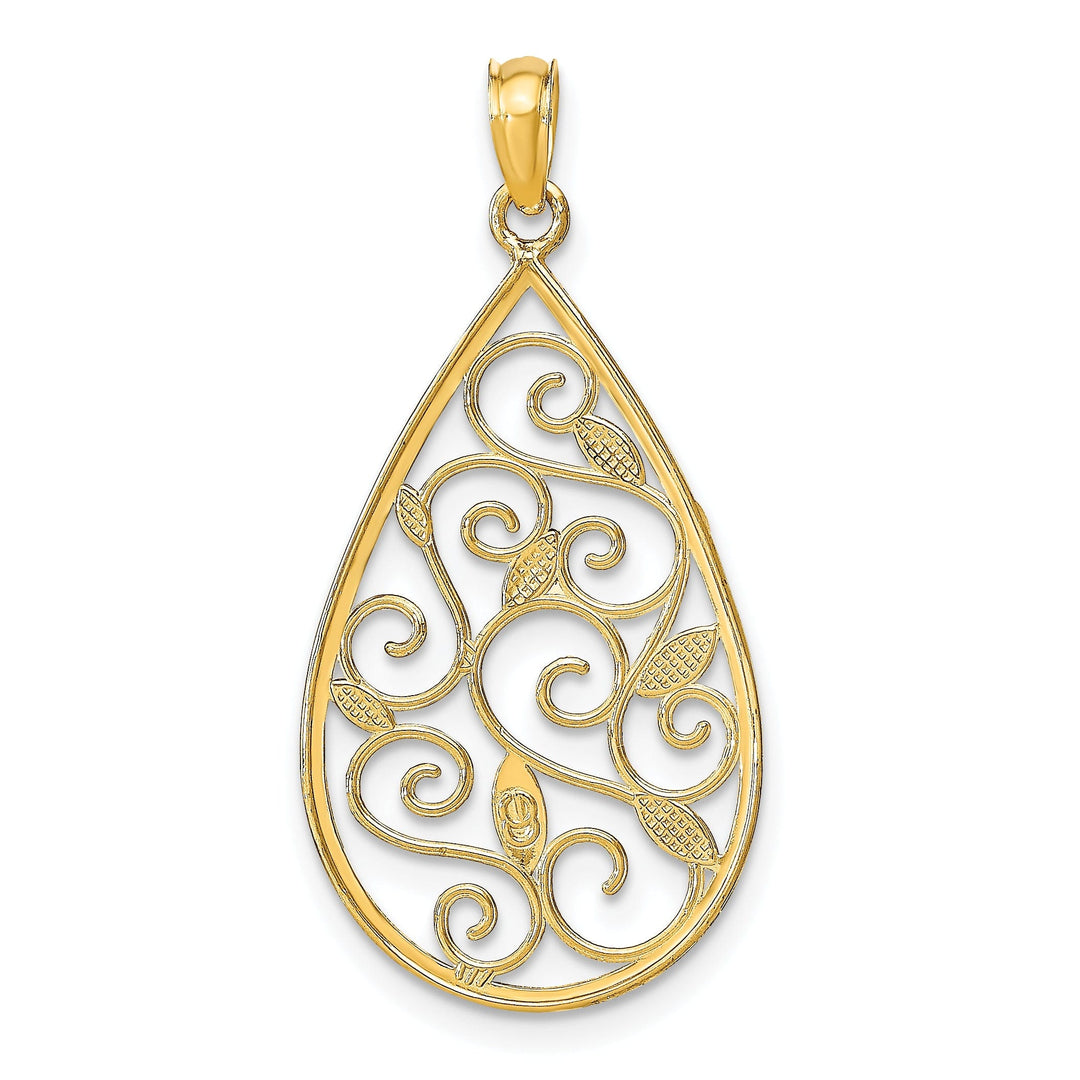 14K Yellow Gold, White Rhodium Polished Diamond Cut Finish Beaded Filigree Teardrop Design Pendant