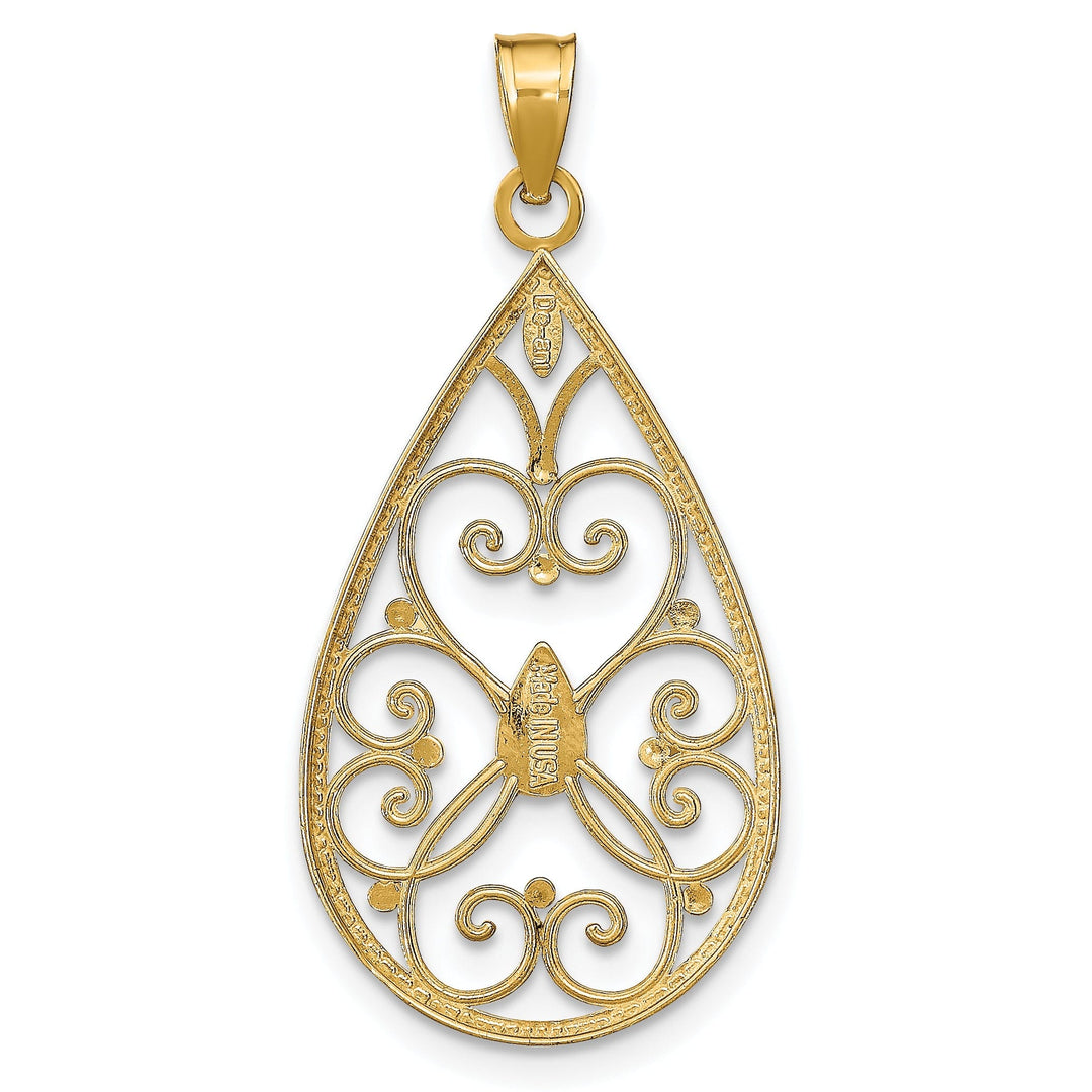 14K Yellow Gold, White Rhodium Polished Diamond Cut Finish Beaded Hearts Filigree Teardrop Design Pendant