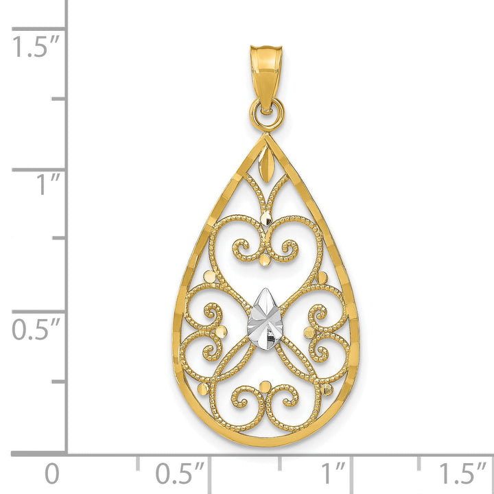 14K Yellow Gold, White Rhodium Polished Diamond Cut Finish Beaded Hearts Filigree Teardrop Design Pendant