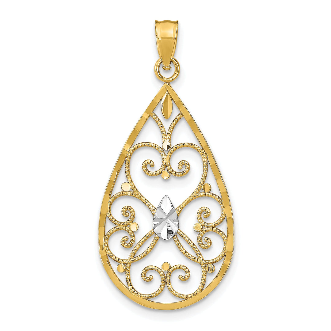 14K Yellow Gold, White Rhodium Polished Diamond Cut Finish Beaded Hearts Filigree Teardrop Design Pendant
