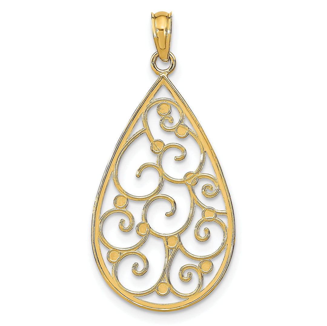 14K Yellow Gold, White Rhodium Polished Diamond Cut Beaded Finish Filigree Teardrop Design Pendant