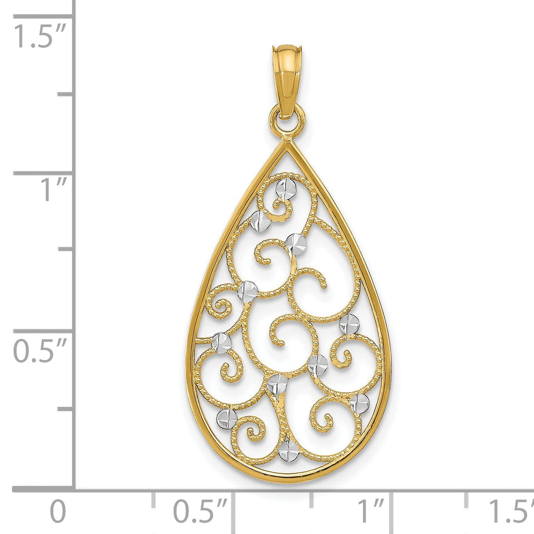 14K Yellow Gold, White Rhodium Polished Diamond Cut Beaded Finish Filigree Teardrop Design Pendant