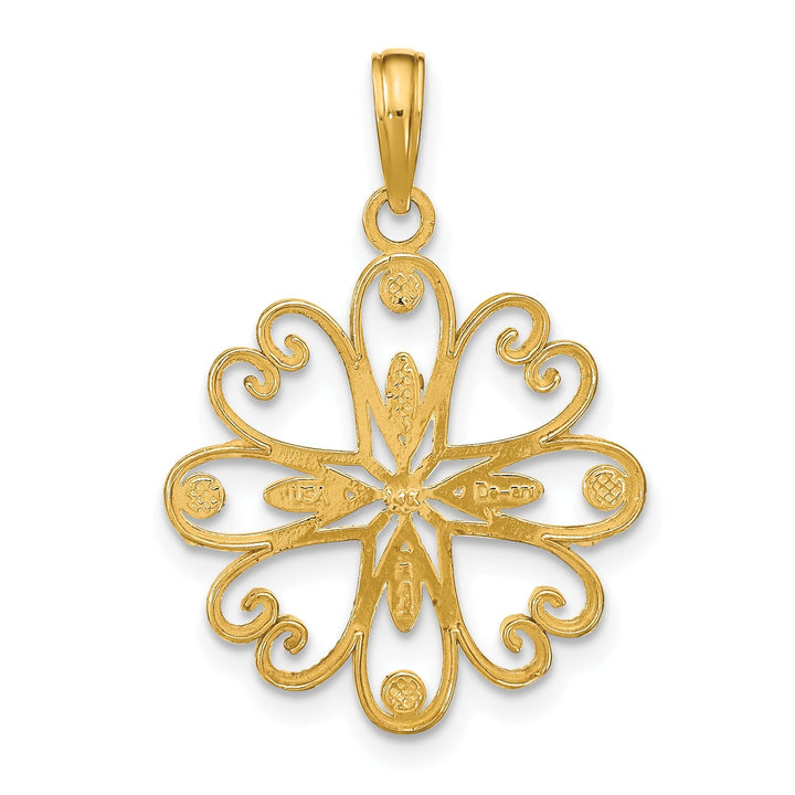 14K Yellow Gold, White Rhodium Polished Finish Filigree Beaded Heart Petals Flower Design Pendant