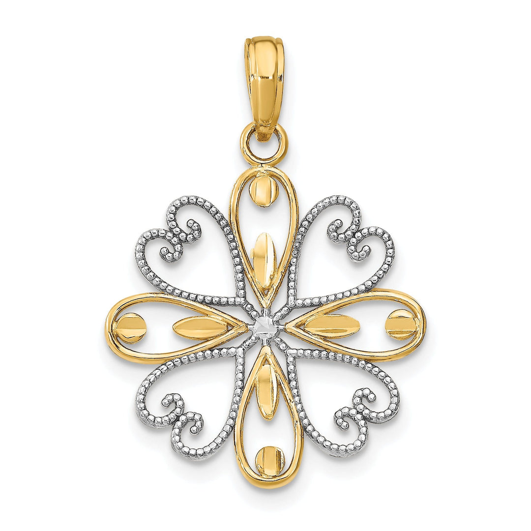 14K Yellow Gold, White Rhodium Polished Finish Filigree Beaded Heart Petals Flower Design Pendant
