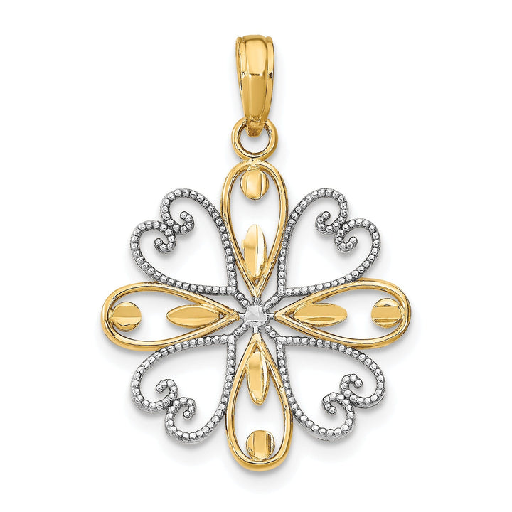 14K Yellow Gold, White Rhodium Polished Finish Filigree Beaded Heart Petals Flower Design Pendant