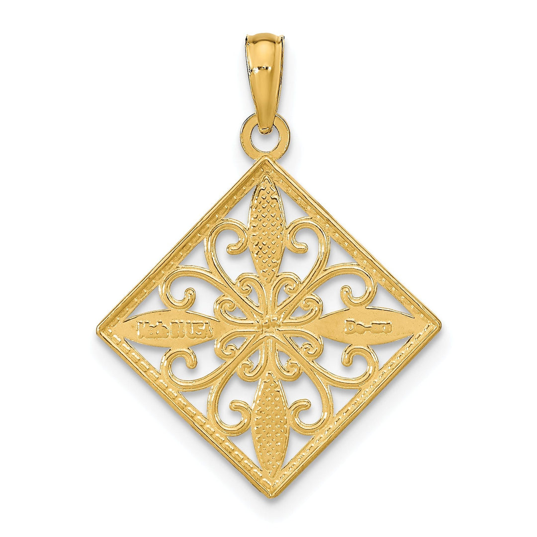 14K Yellow Gold, White Rhodium Polished Finish Filigree Flower in Cross Square Design Pendant