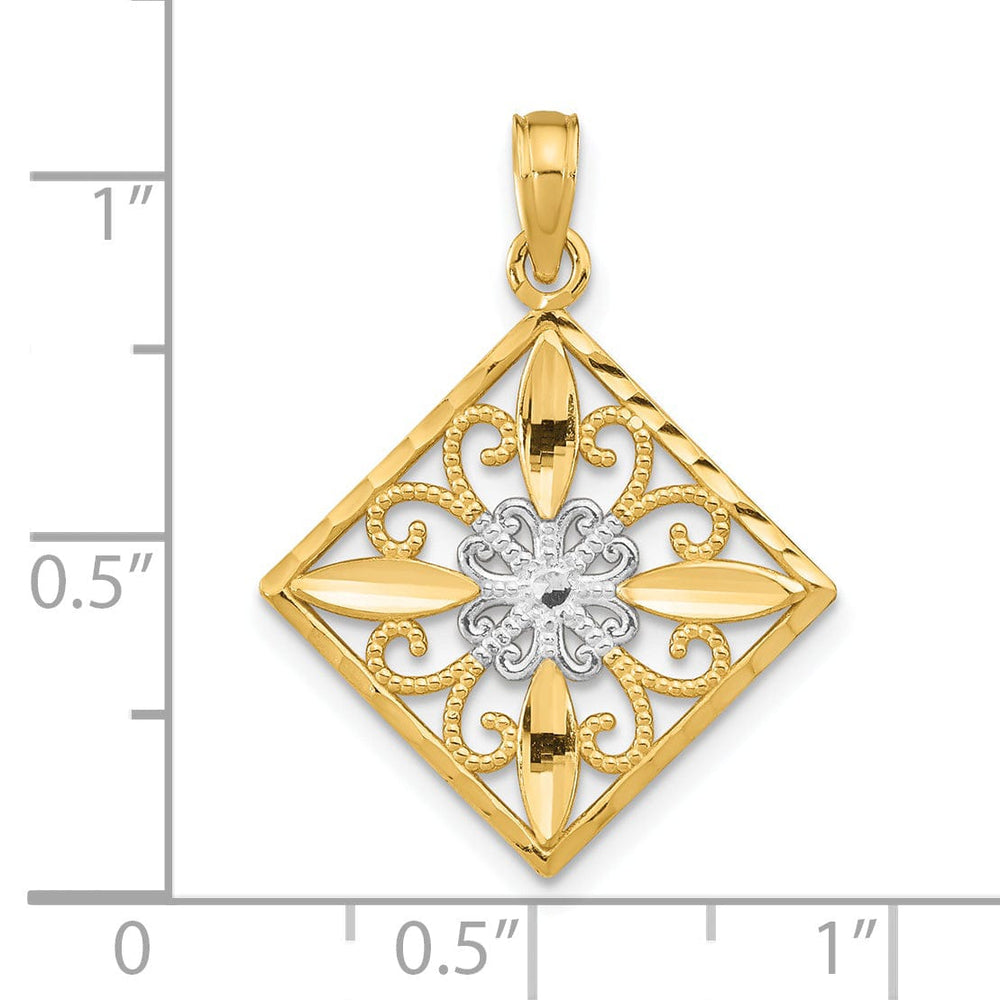 14K Yellow Gold, White Rhodium Polished Finish Filigree Flower in Cross Square Design Pendant
