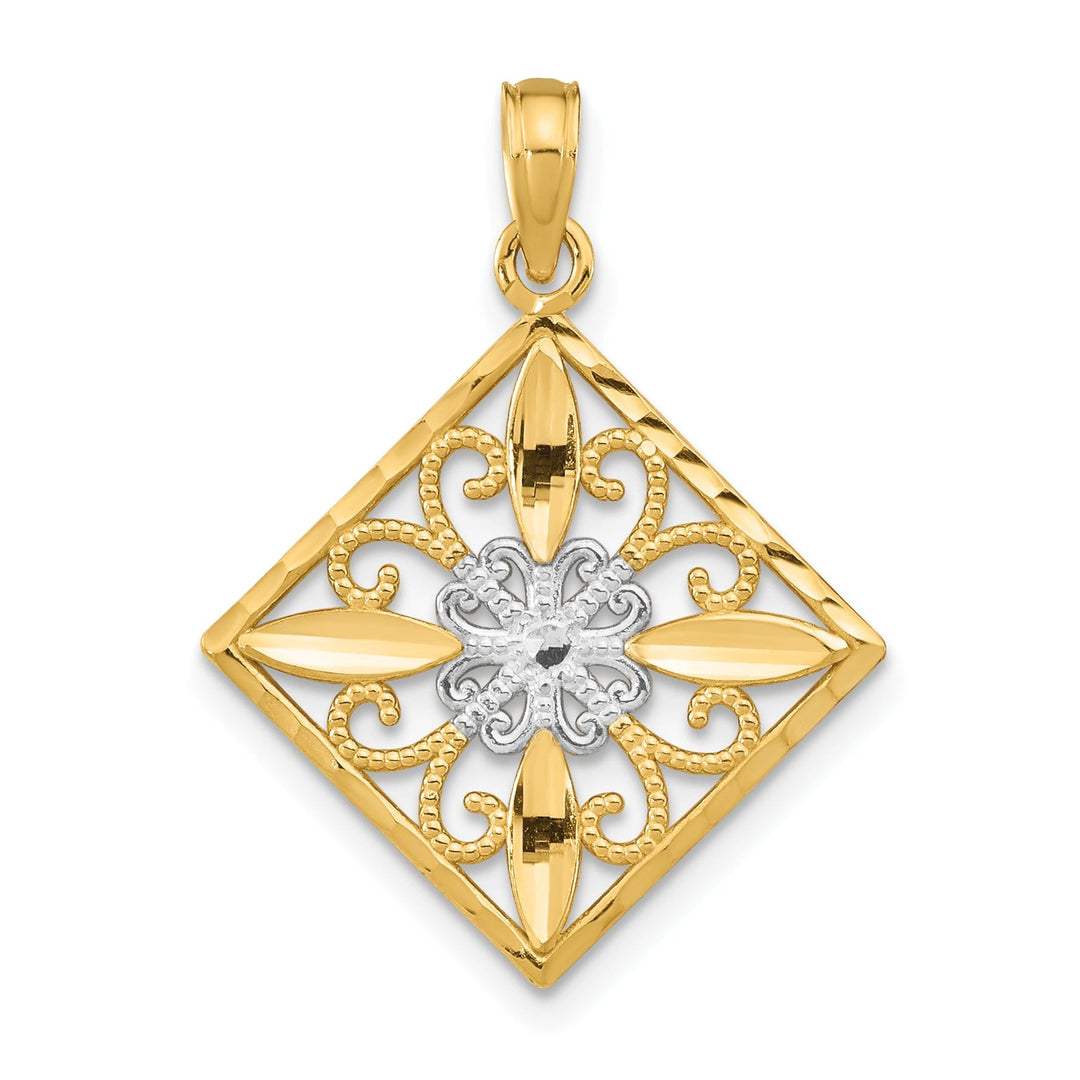 14K Yellow Gold, White Rhodium Polished Finish Filigree Flower in Cross Square Design Pendant