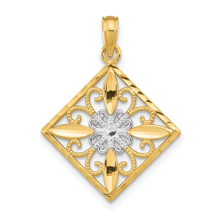 14K Yellow Gold, White Rhodium Polished Finish Filigree Flower in Cross Square Design Pendant