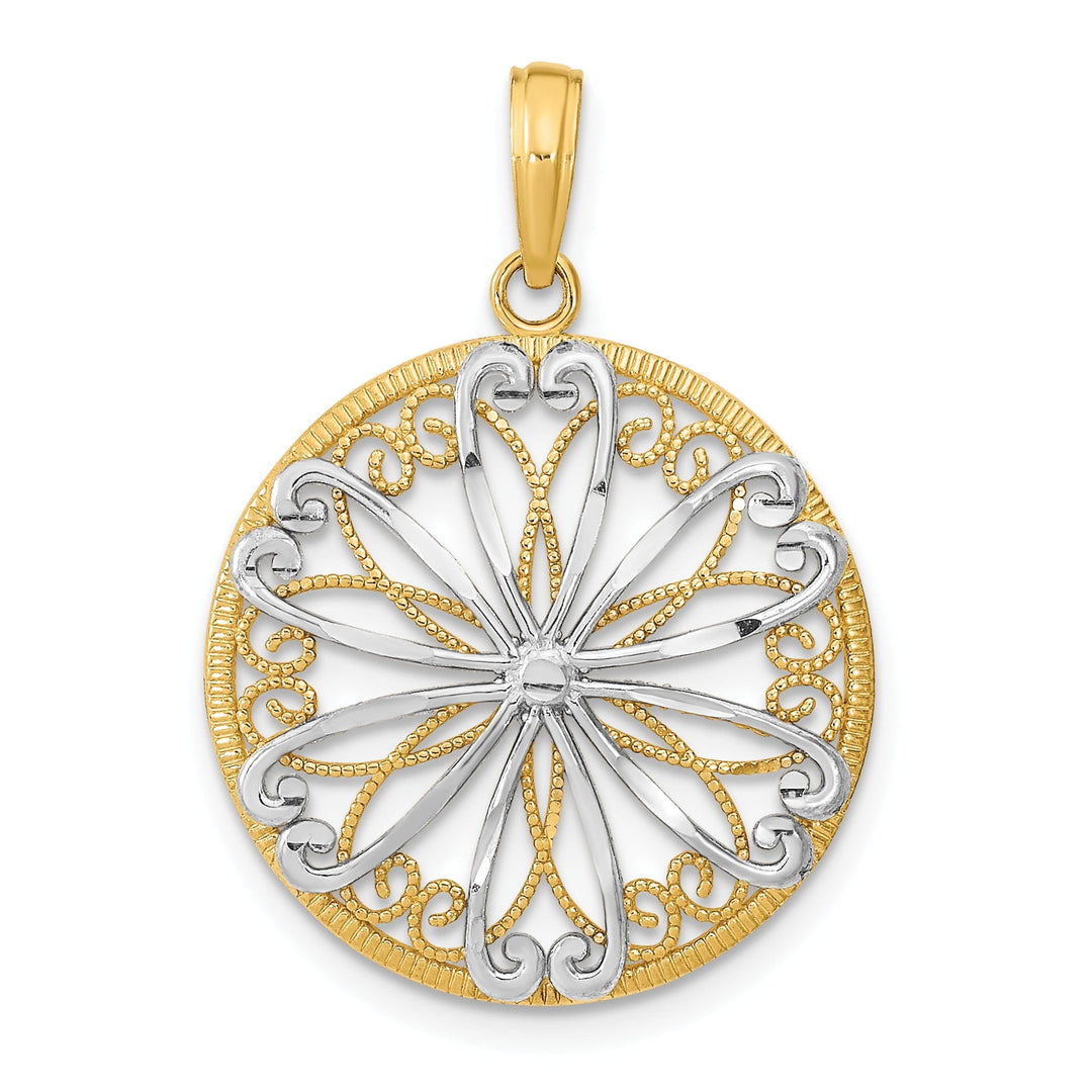 14K Yellow Gold, White Rhodium Filigree Center Fancy Beaded Design Round Shape Pendant