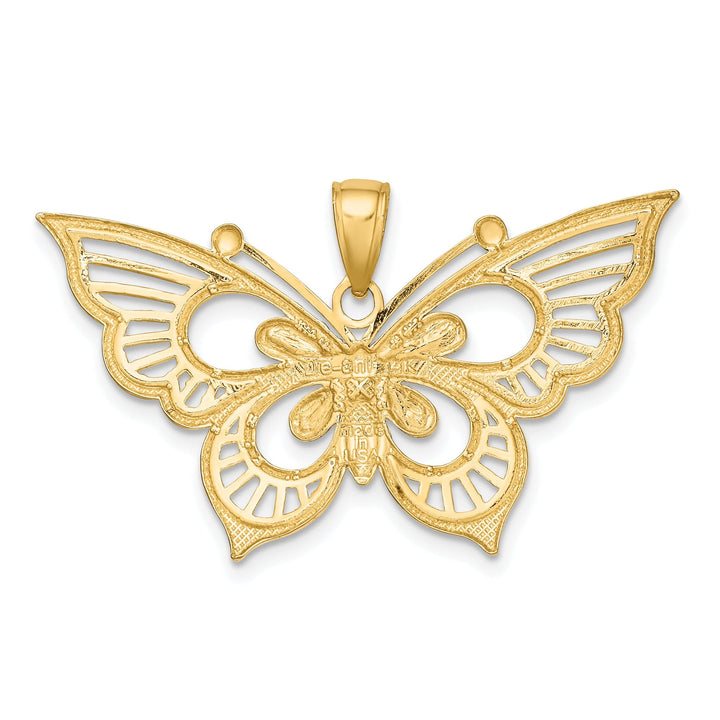 14k Two-tone Gold Textured Back Solid Polished Diamond-cut Butterfly Charm Pendant