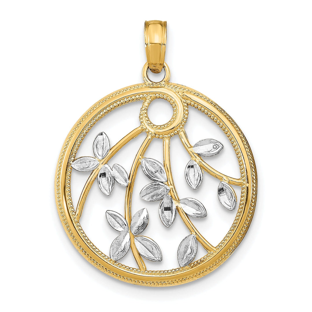 14K Yellow Gold, White Rhodium Polished Finish Filigree Floral Design Round Frame Pendant